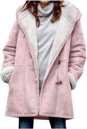 Ogiraw Womens Fleece Coat Oversized solid color Hooded Jacket Button Down Winter Fuzzy Casual Outwear long coat with Pockets