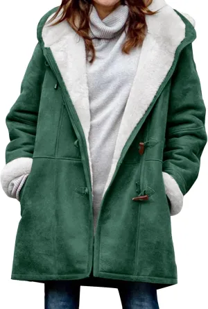 Ogiraw Womens Fleece Coat Oversized solid color Hooded Jacket Button Down Winter Fuzzy Casual Outwear long coat with Pockets