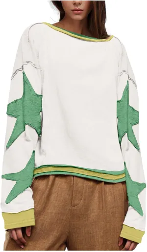 Oversized Crew Neck Sweatshirt Star Graphic Drop Shoulder Pullover Tops Striped Long Sleeve Vintage Aesthetic Clothes