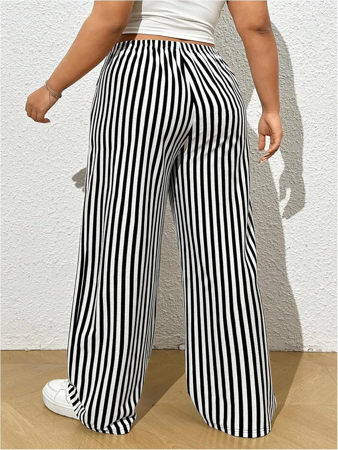 OYOANGLE Women's Plus Size Striped Print Straight Leg Pants Elastic Drawstring Waist Long Trousers