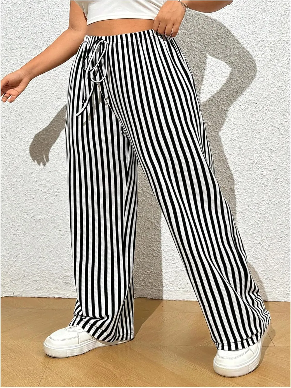 OYOANGLE Women's Plus Size Striped Print Straight Leg Pants Elastic Drawstring Waist Long Trousers