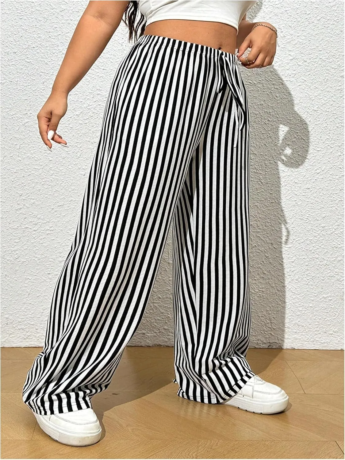 OYOANGLE Women's Plus Size Striped Print Straight Leg Pants Elastic Drawstring Waist Long Trousers