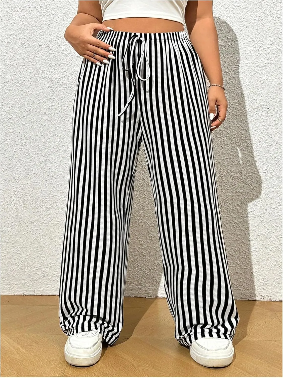 OYOANGLE Women's Plus Size Striped Print Straight Leg Pants Elastic Drawstring Waist Long Trousers