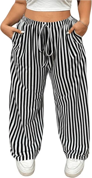 OYOANGLE Women's Plus Size Striped Print Straight Leg Pants Elastic Drawstring Waist Long Trousers
