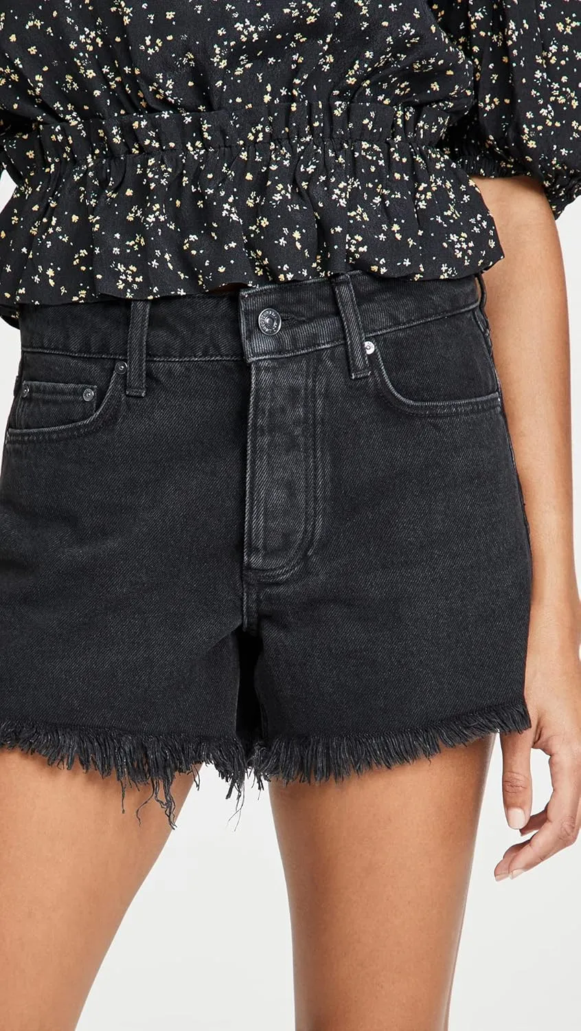 PAIGE Women's Noella Cut Off Short with Covered Button Fly High Rise Black Dove with Heavy Fray