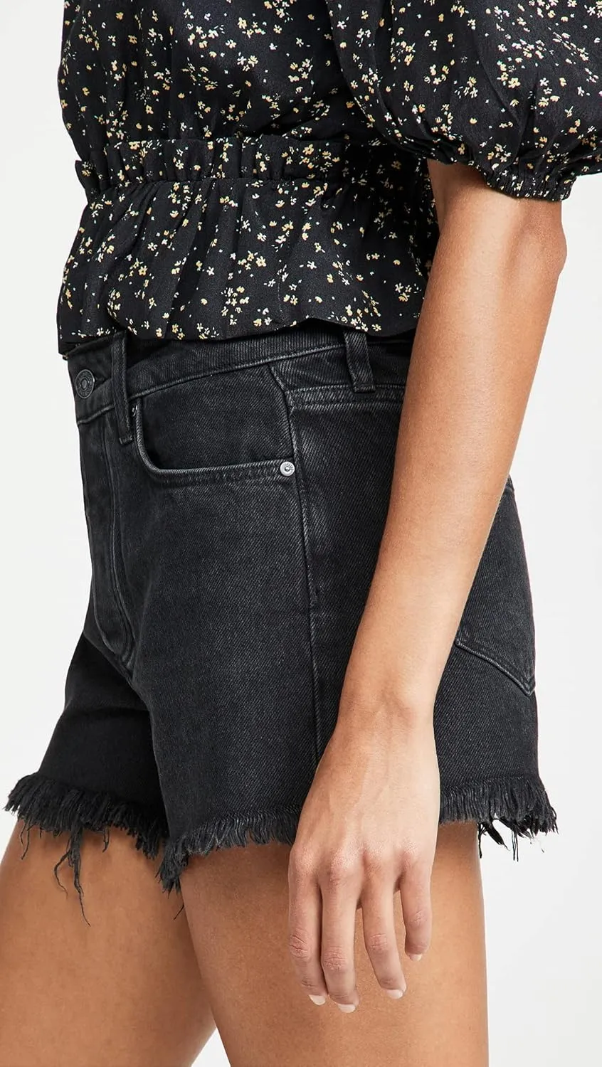 PAIGE Women's Noella Cut Off Short with Covered Button Fly High Rise Black Dove with Heavy Fray