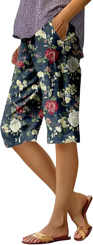 Pants for Women Elastic High Rise Knee Length Pants Straight Floral Summer Pockets Stretch Loose Bermuda Shorts Casual