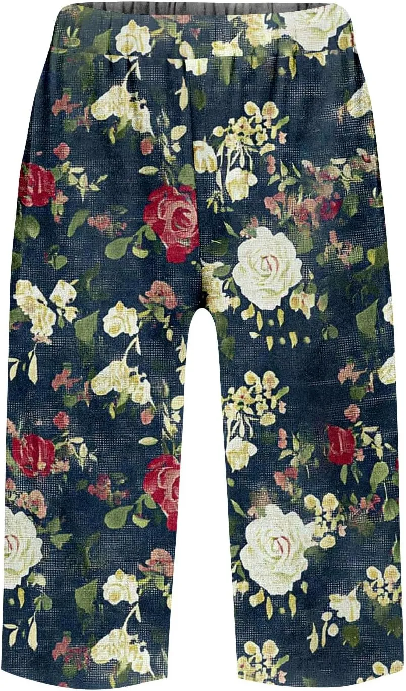 Pants for Women Elastic High Rise Knee Length Pants Straight Floral Summer Pockets Stretch Loose Bermuda Shorts Casual