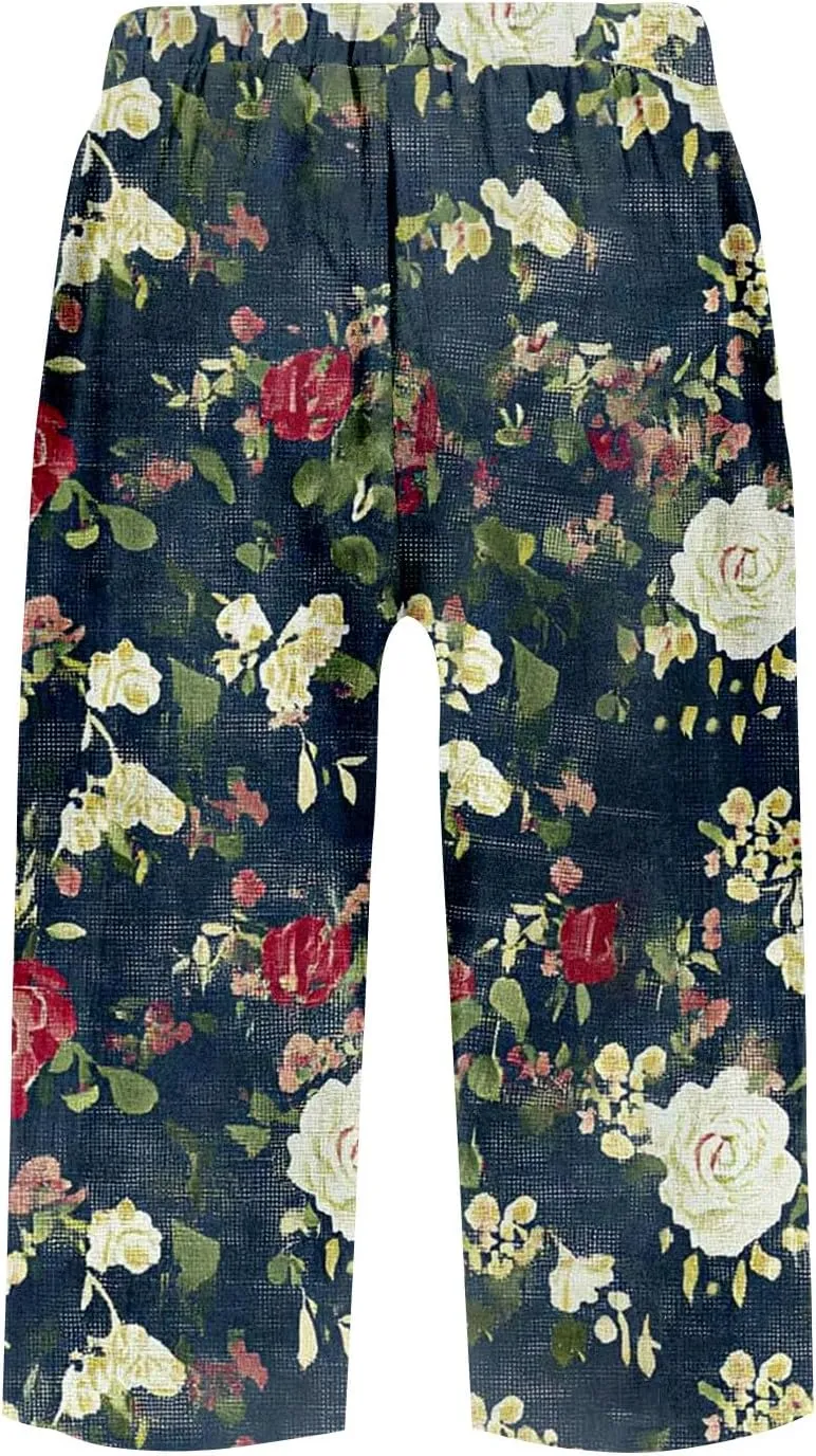 Pants for Women Elastic High Rise Knee Length Pants Straight Floral Summer Pockets Stretch Loose Bermuda Shorts Casual