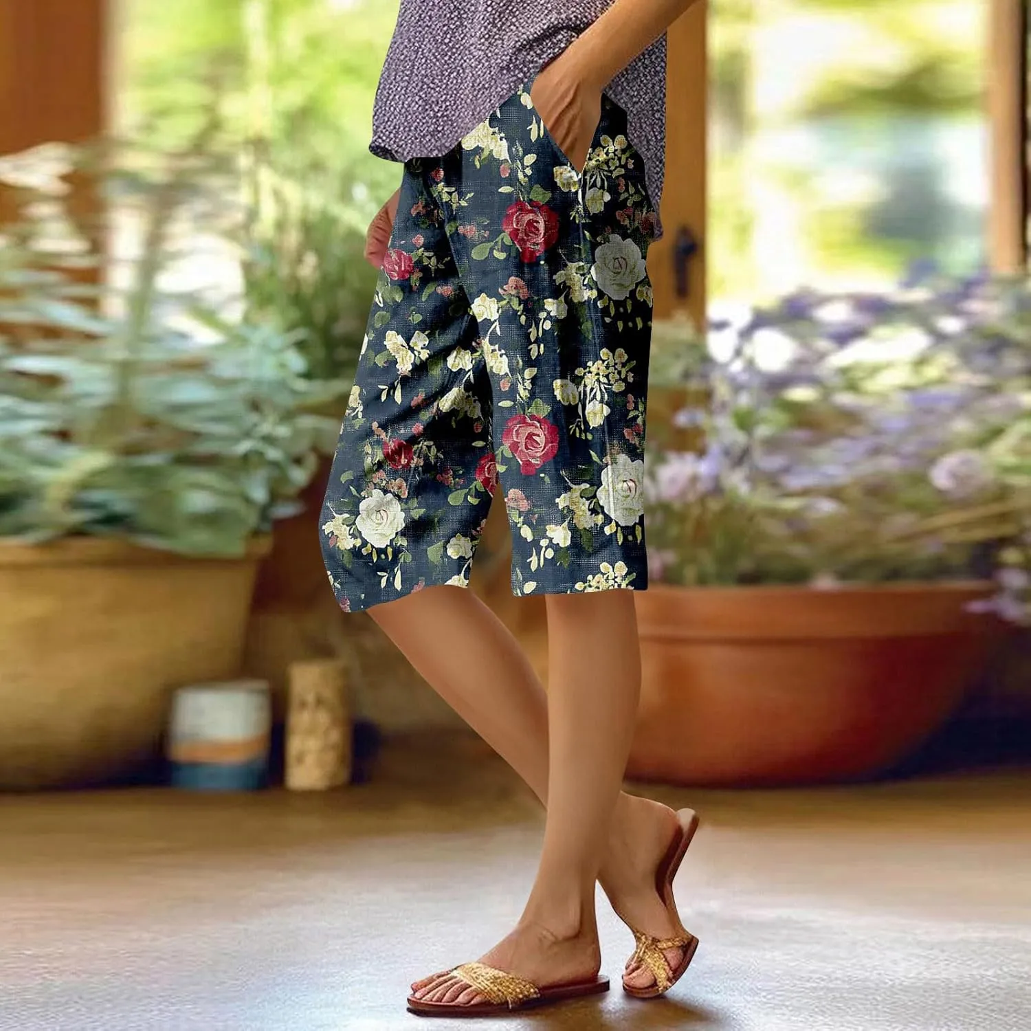 Pants for Women Elastic High Rise Knee Length Pants Straight Floral Summer Pockets Stretch Loose Bermuda Shorts Casual