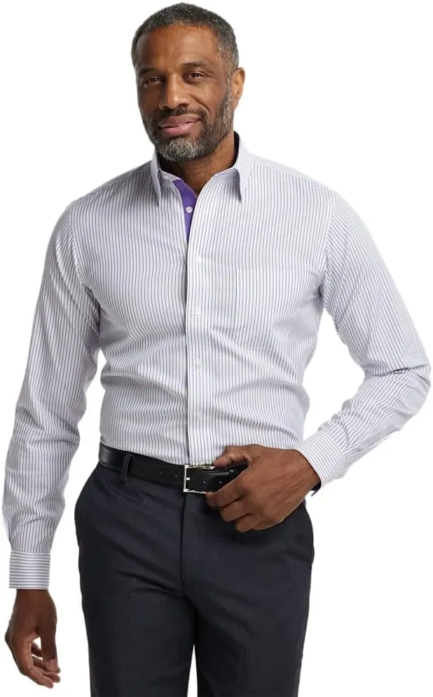 Paul Fredrick Men's Slim Fit Comfort Stretch Non-Iron Stripe Dress Shirt