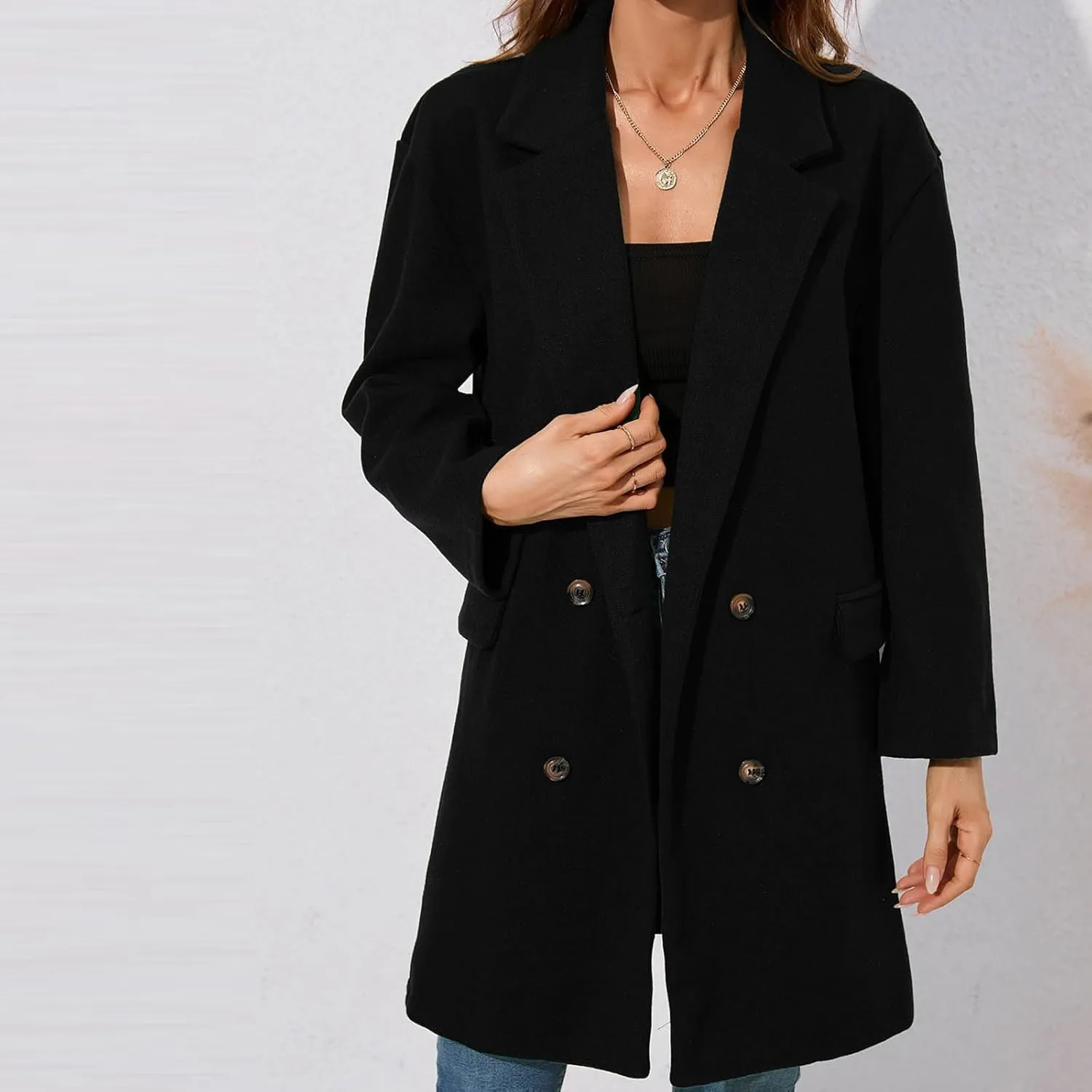 Peacoat Womens Coat Fashion Winter Notch Lapel Double Breasted Wool Blend Mid Long Pea Trench Coat Casual Outerwear