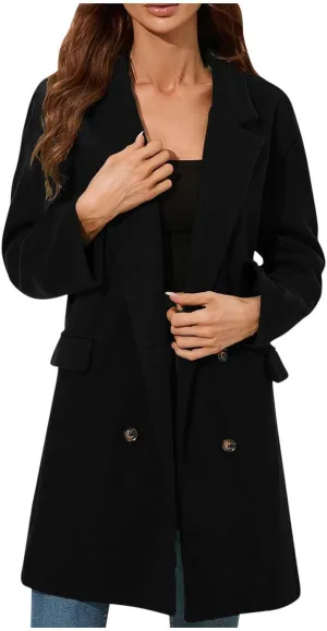 Peacoat Womens Coat Fashion Winter Notch Lapel Double Breasted Wool Blend Mid Long Pea Trench Coat Casual Outerwear