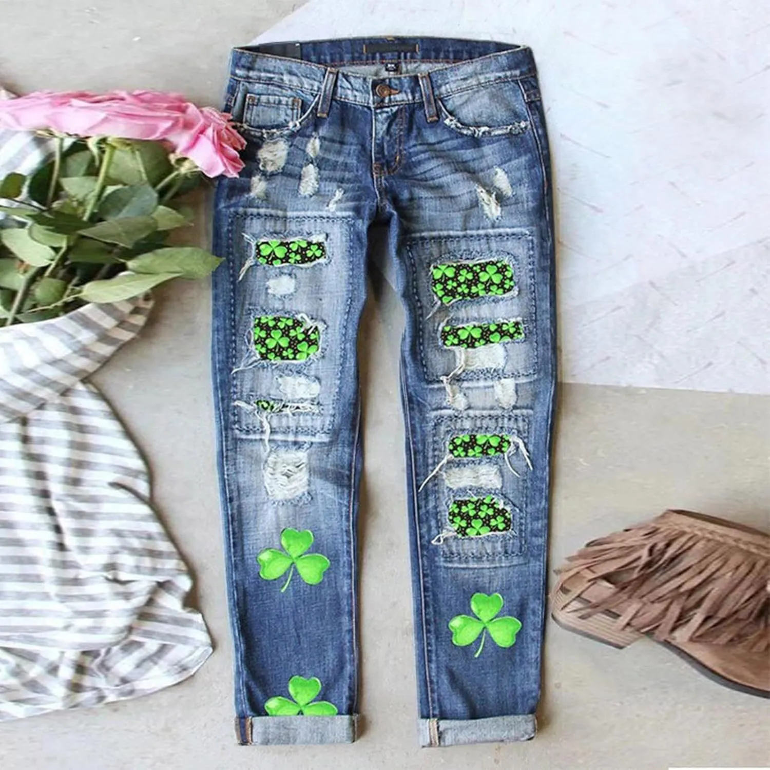 Plaid Patchwork Boyfriend Distressed Jeans for Women High Waisted Ripped Hole Stretch Skinny Denim Pant with Pockets