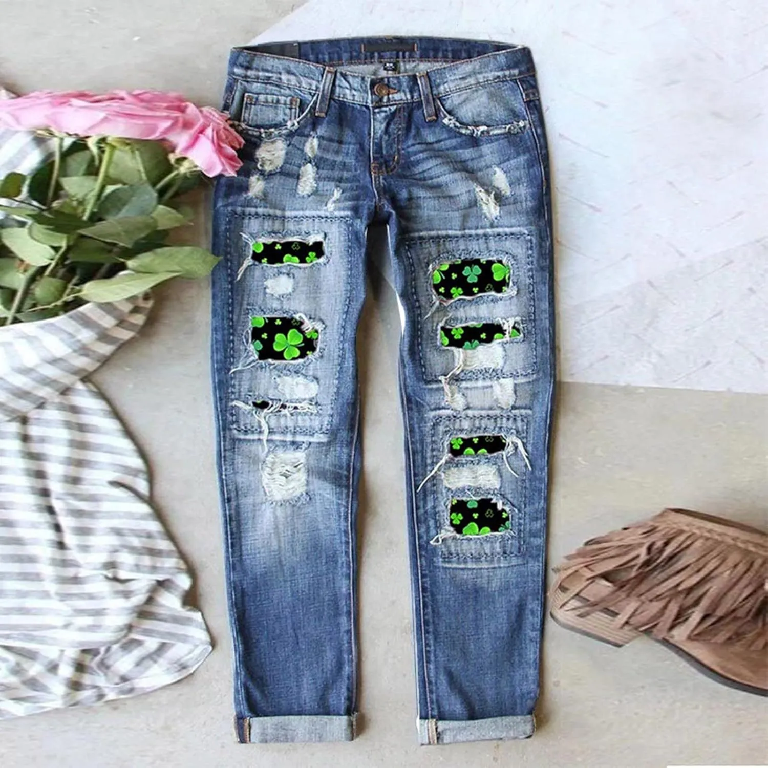 Plaid Patchwork Boyfriend Distressed Jeans for Women High Waisted Ripped Hole Stretch Skinny Denim Pant with Pockets