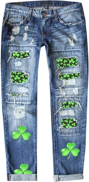 Plaid Patchwork Boyfriend Distressed Jeans for Women High Waisted Ripped Hole Stretch Skinny Denim Pant with Pockets