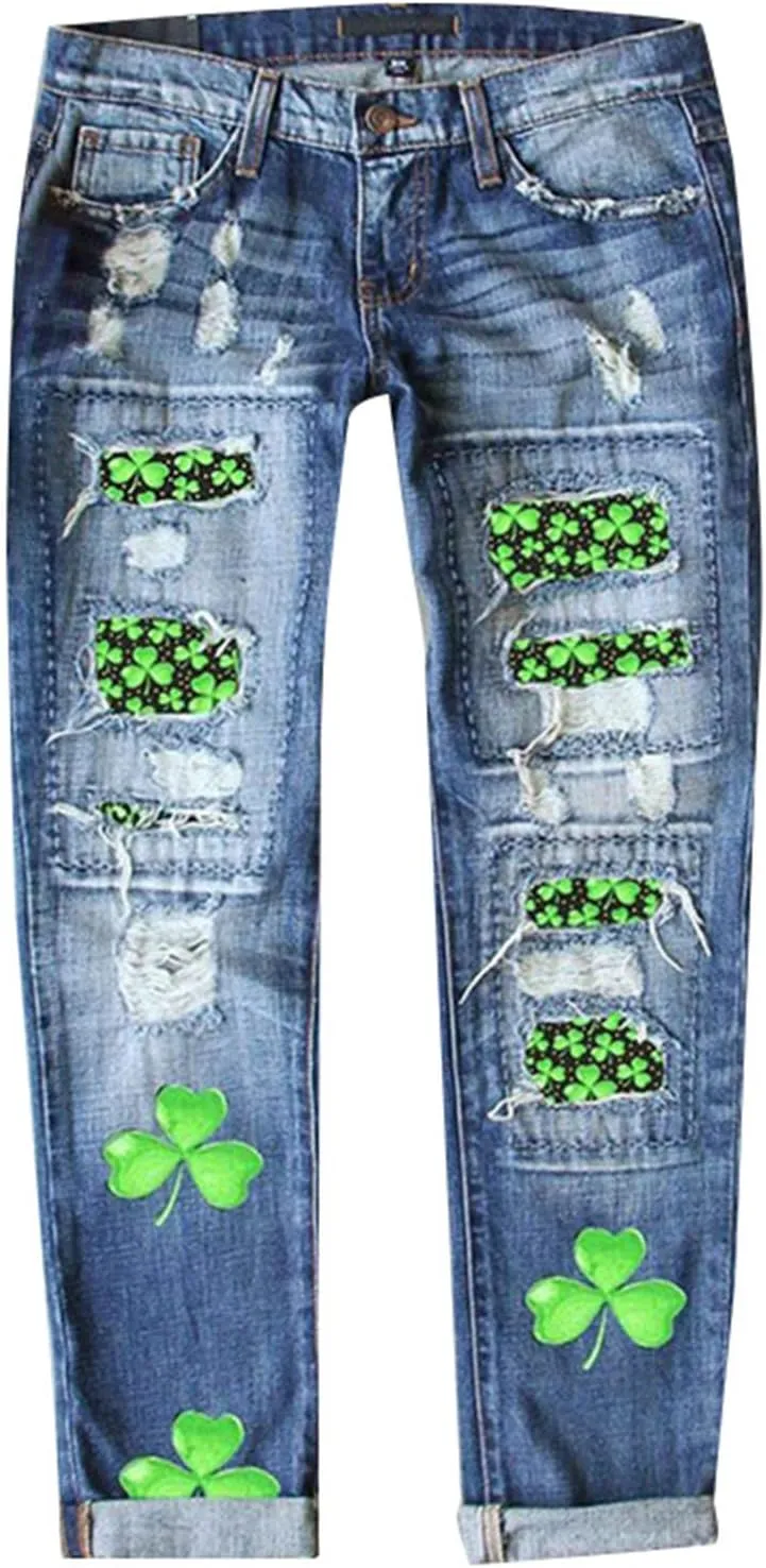 Plaid Patchwork Boyfriend Distressed Jeans for Women High Waisted Ripped Hole Stretch Skinny Denim Pant with Pockets