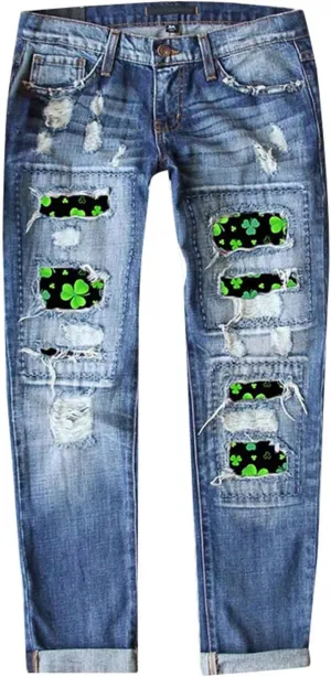 Plaid Patchwork Boyfriend Distressed Jeans for Women High Waisted Ripped Hole Stretch Skinny Denim Pant with Pockets