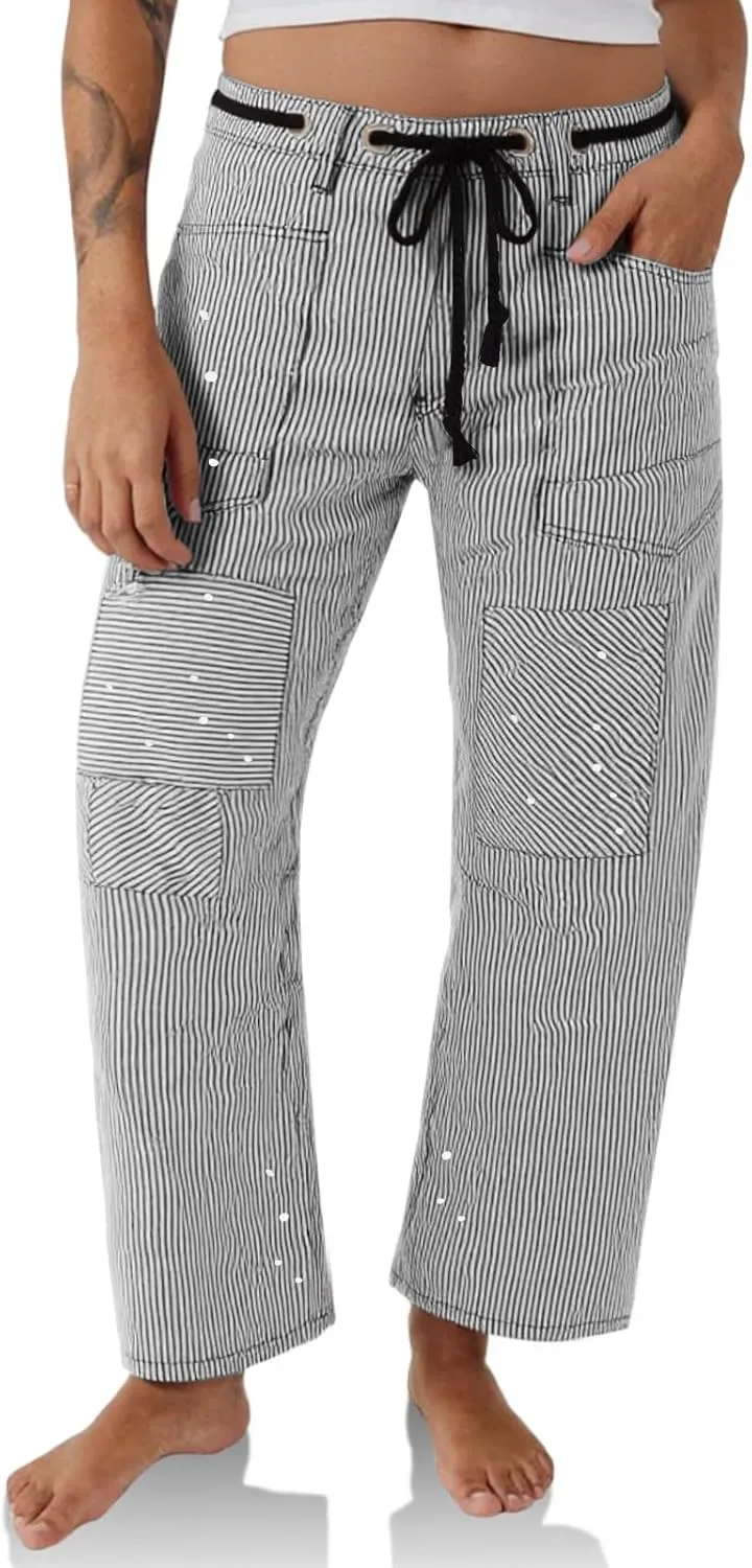 PLNOTME Womens Baggy Barrel Horseshoe Jeans Wide Leg Patchwork Low Rise Denim Pants with Pockets
