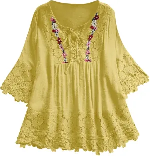 Plus Size Blouse Women Vintage Lace Patchwork Bow V-Neck Embroidery Summer Three Quarter Retro Solid Tops T-Shirt S-5XL