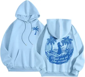 Puff Oversized Hoodies for Women, Teen Girls Preppy Sweatshirt Long Sleeve Y2K Graphic Ocean Pullover Top with Pocket