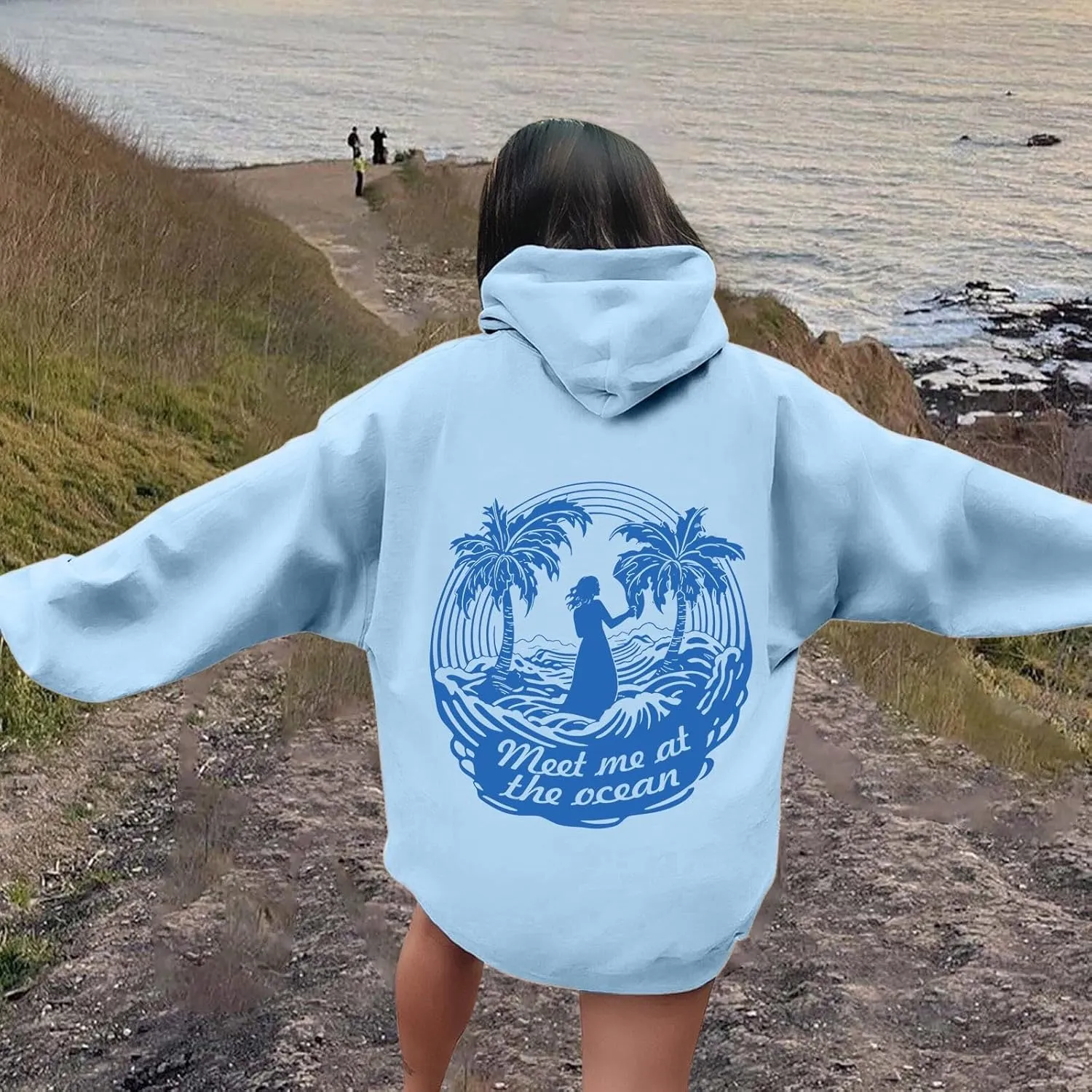 Puff Oversized Hoodies for Women, Teen Girls Preppy Sweatshirt Long Sleeve Y2K Graphic Ocean Pullover Top with Pocket