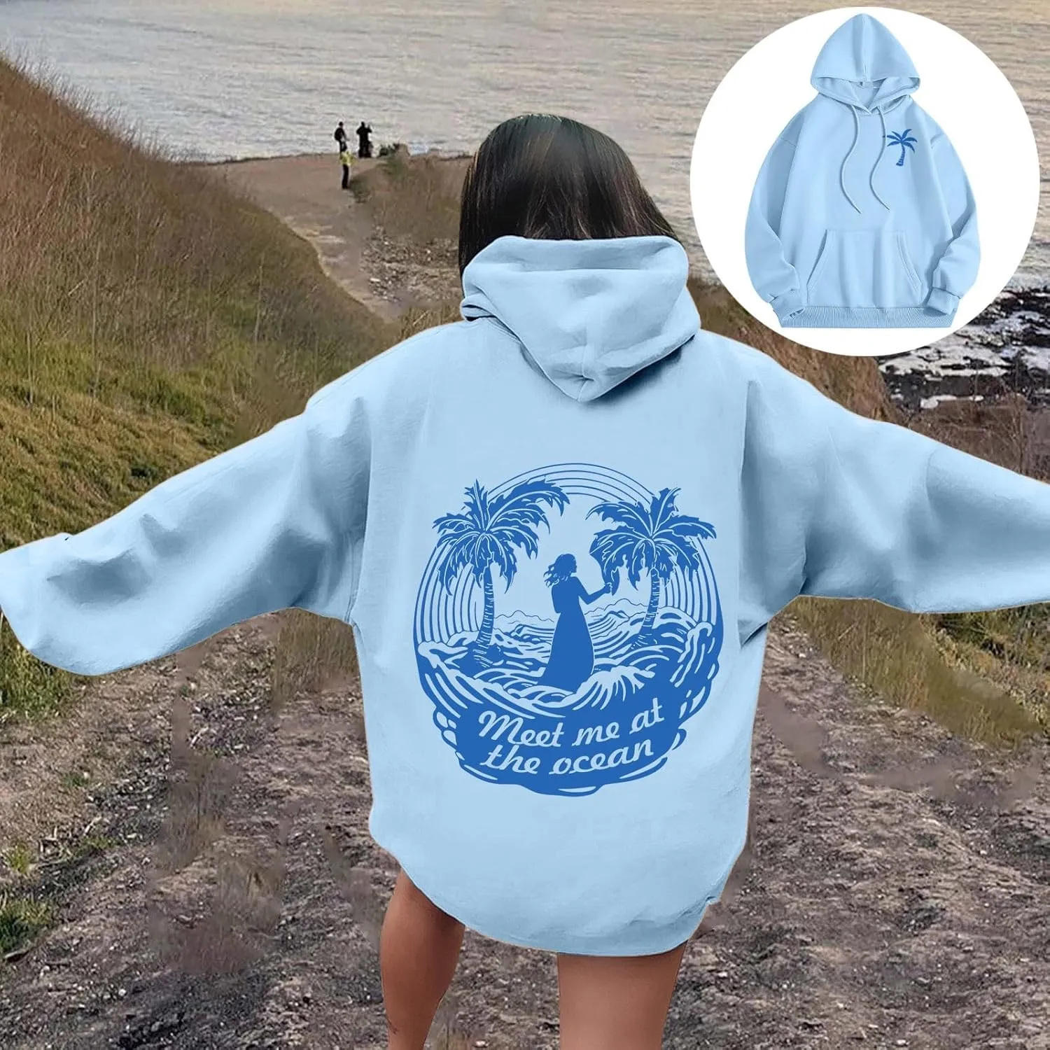 Puff Oversized Hoodies for Women, Teen Girls Preppy Sweatshirt Long Sleeve Y2K Graphic Ocean Pullover Top with Pocket