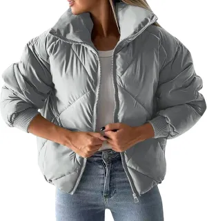 Quilted Puffer Jacket for Women Casual Puffy Zip Up Jackets with Pockets Warm Winter Padded Down Coats Outerwear