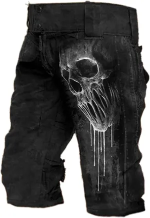Relaxed Fit Cargo Shorts for Men Casual Outdoor Multi-Pocket Skull Print Shorts Twill Lightweight Short Pants