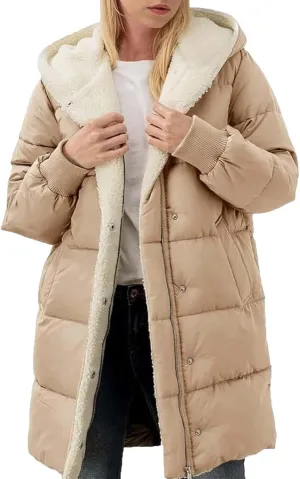 Reversible Fuf Fleece Lined Hood Puffer Jacket Lightweight Winter Coat Long Puffer Coat Coats for Women Ladies
