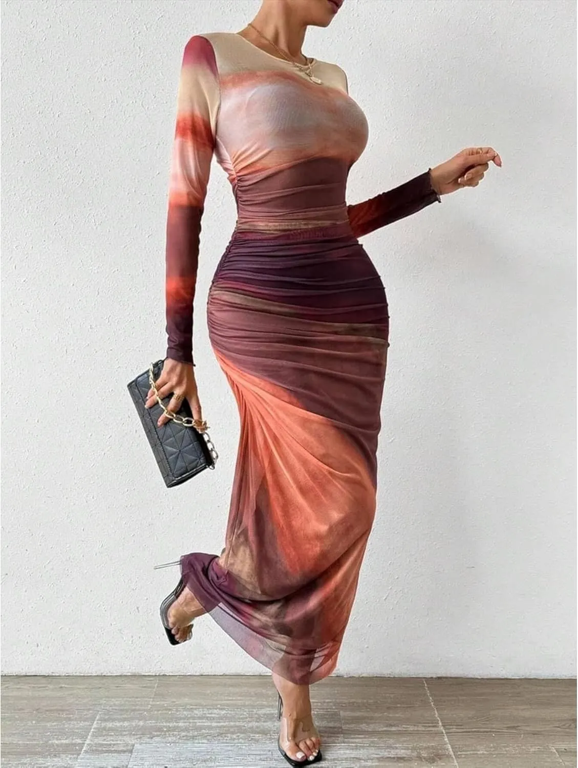 Ruched Dress Long Sleeve Dress Tie Dye Dress Maxi Dress Elegant Dress Slim Fit Dress Bodycon Dress Mesh Dress