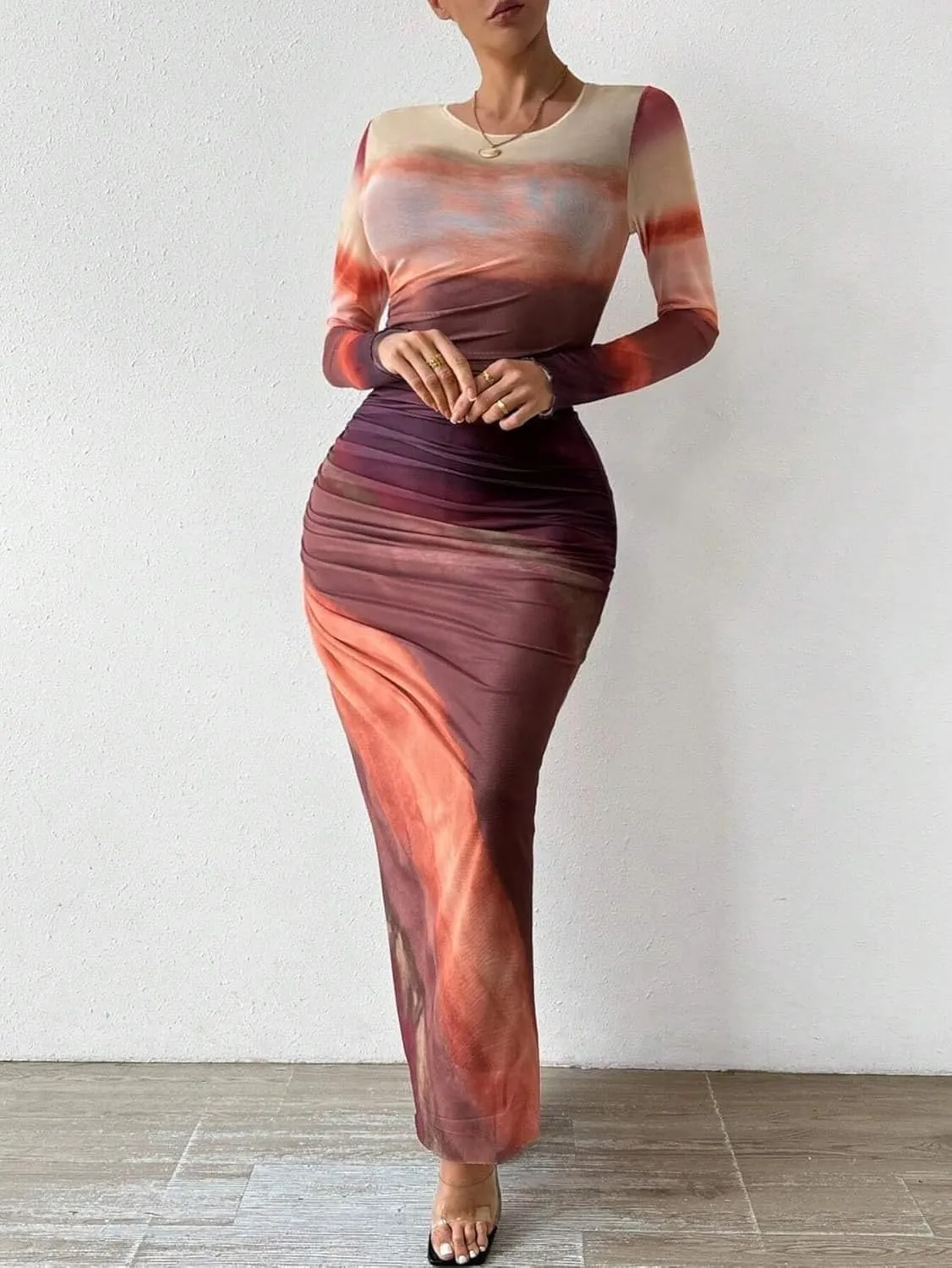Ruched Dress Long Sleeve Dress Tie Dye Dress Maxi Dress Elegant Dress Slim Fit Dress Bodycon Dress Mesh Dress
