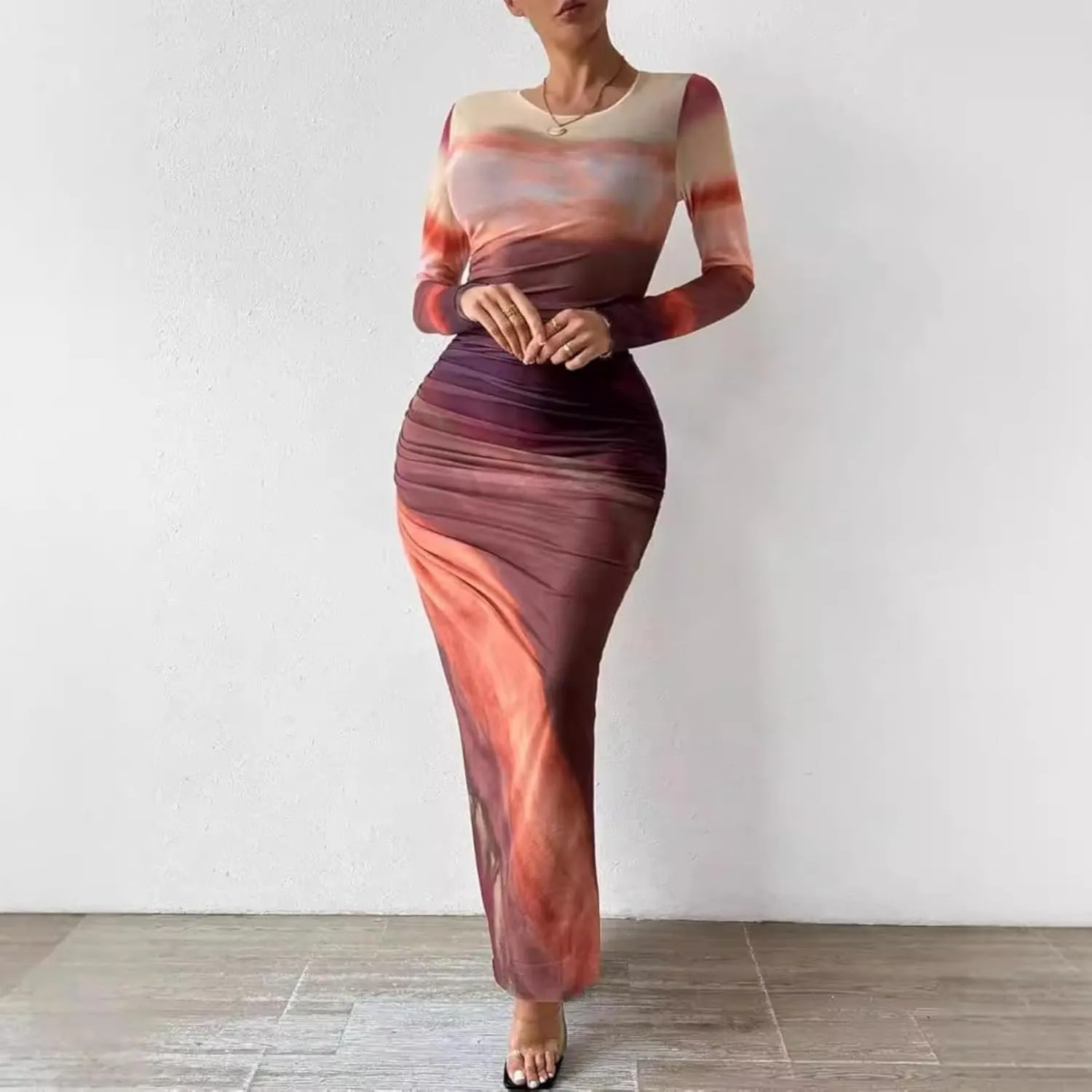 Ruched Dress Long Sleeve Dress Tie Dye Dress Maxi Dress Elegant Dress Slim Fit Dress Bodycon Dress Mesh Dress