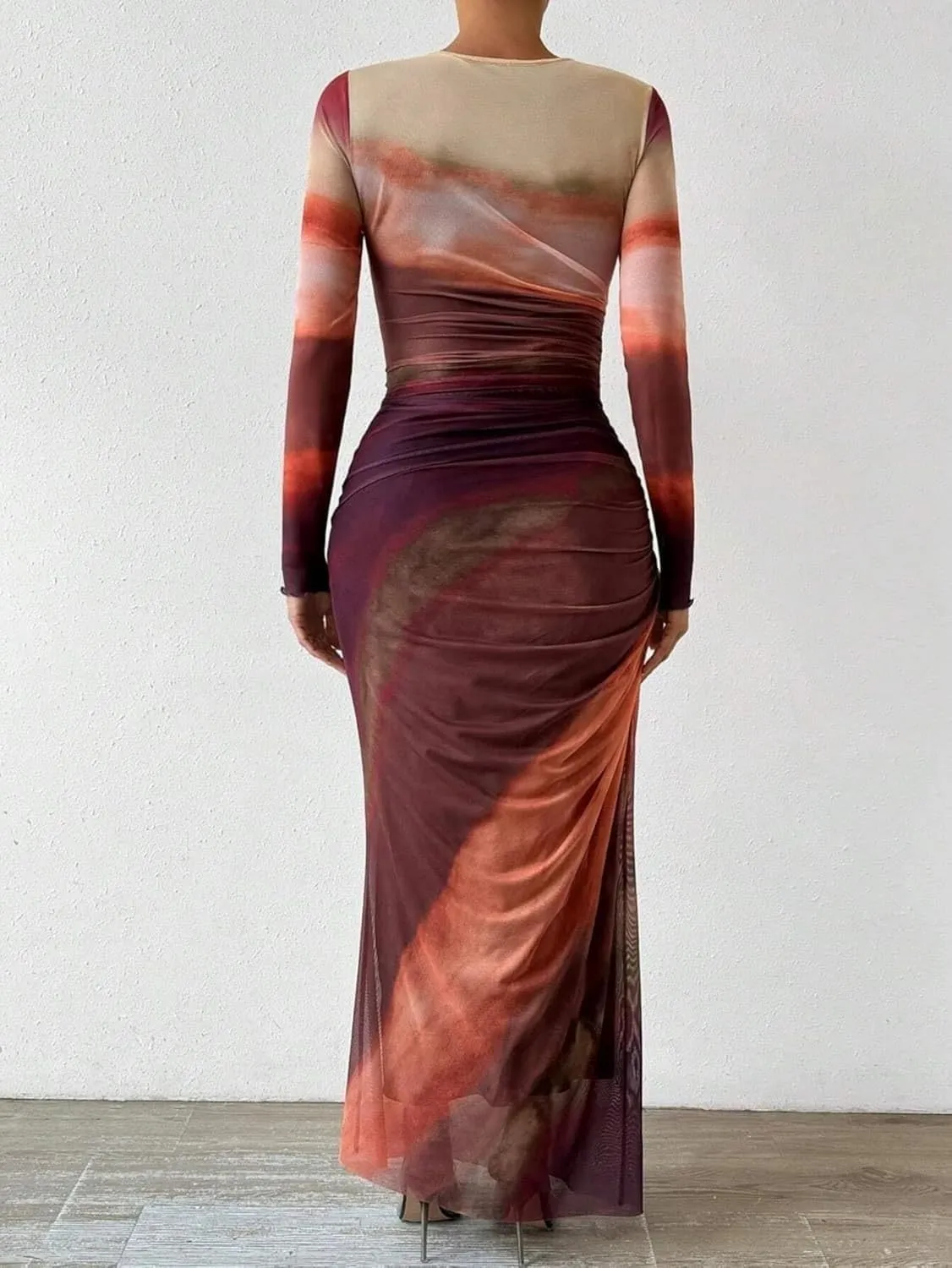 Ruched Dress Long Sleeve Dress Tie Dye Dress Maxi Dress Elegant Dress Slim Fit Dress Bodycon Dress Mesh Dress