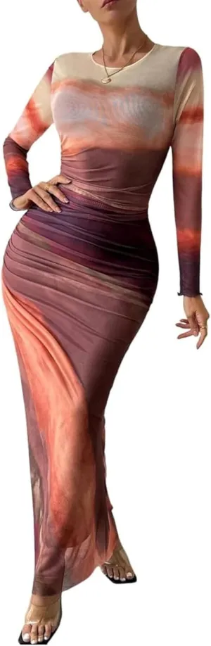 Ruched Dress Long Sleeve Dress Tie Dye Dress Maxi Dress Elegant Dress Slim Fit Dress Bodycon Dress Mesh Dress