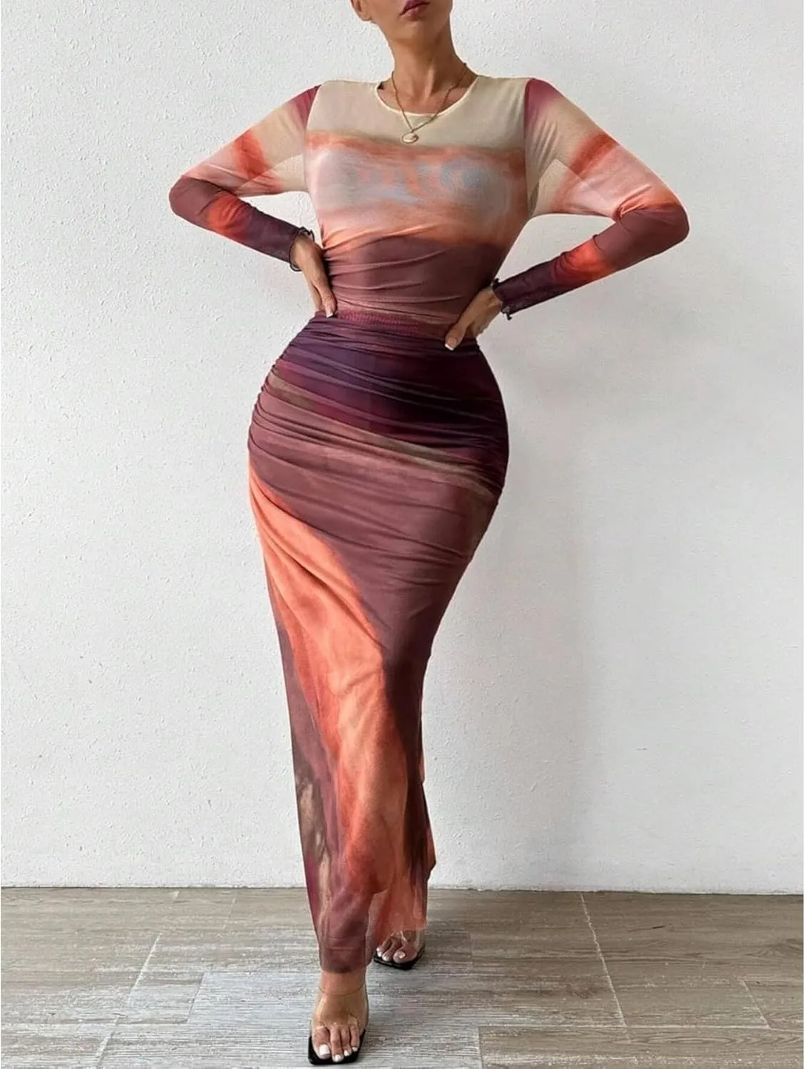 Ruched Dress Long Sleeve Dress Tie Dye Dress Maxi Dress Elegant Dress Slim Fit Dress Bodycon Dress Mesh Dress