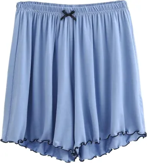 Ruched Tie High Rise Shorts for Women Elastic Waisted Ruffle Hem Pajama Shorts Solid Summer Wide Leg Lounge Shorts