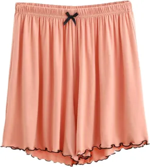 Ruched Tie High Rise Shorts for Women Elastic Waisted Ruffle Hem Pajama Shorts Solid Summer Wide Leg Lounge Shorts