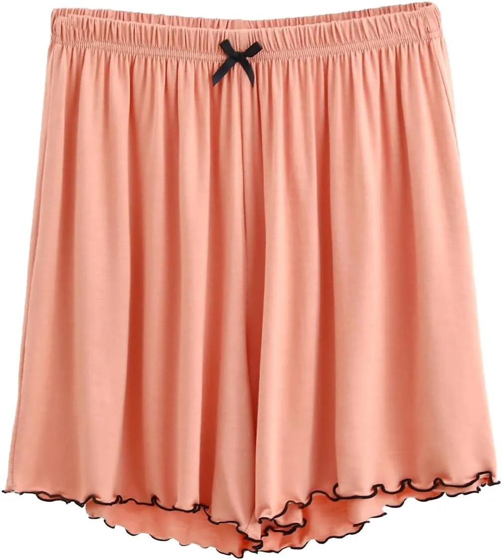 Ruched Tie High Rise Shorts for Women Elastic Waisted Ruffle Hem Pajama Shorts Solid Summer Wide Leg Lounge Shorts