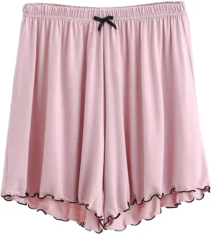 Ruched Tie High Rise Shorts for Women Elastic Waisted Ruffle Hem Pajama Shorts Solid Summer Wide Leg Lounge Shorts