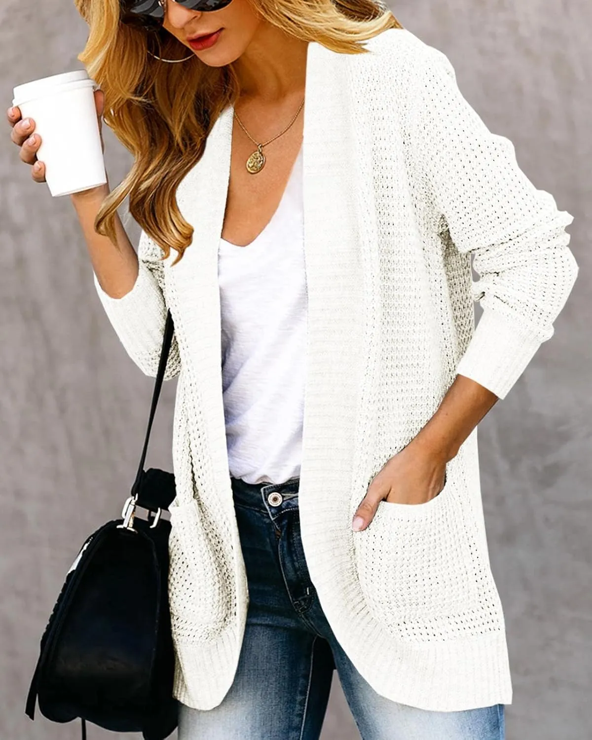 Saodimallsu Womens Loose Open Front Cardigan Long Sleeve Casual Lightweight Soft Knit Sweaters Coat with Pockets