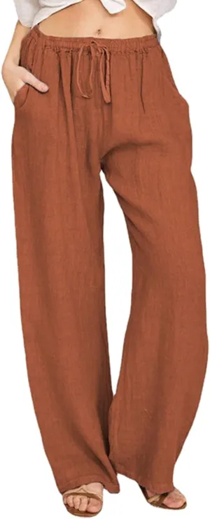 SHAOBGE Cotton Linen Pants for Women Summer Wide Leg Casual Loose Drawstring High Waist Palazzo Pants Trousers with Pockets