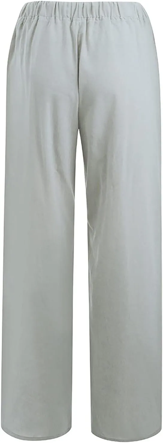 SHAOBGE Cotton Linen Pants for Women Summer Wide Leg Casual Loose Drawstring High Waist Palazzo Pants Trousers with Pockets