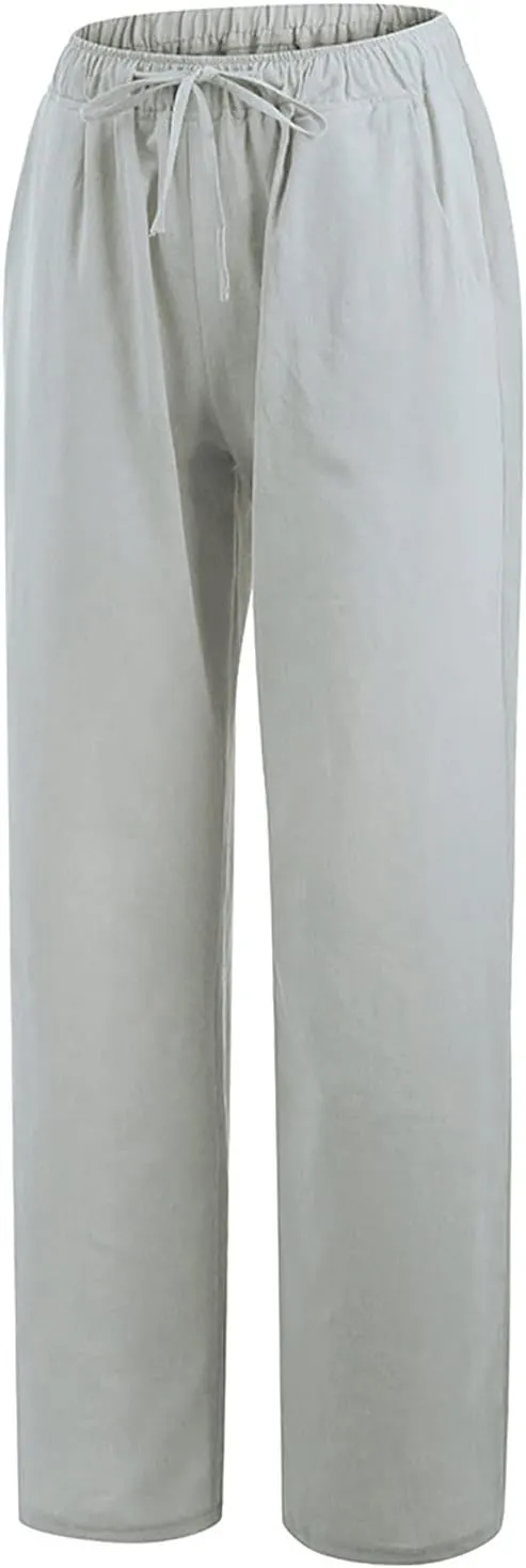 SHAOBGE Cotton Linen Pants for Women Summer Wide Leg Casual Loose Drawstring High Waist Palazzo Pants Trousers with Pockets