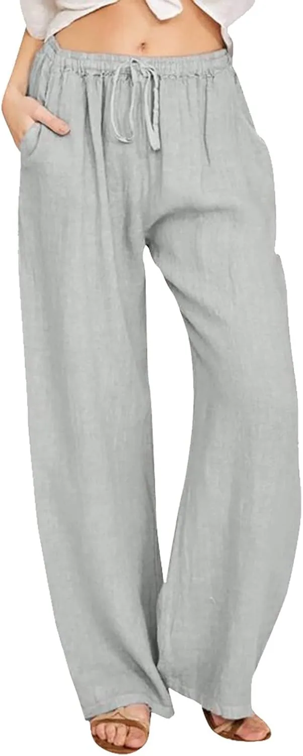 SHAOBGE Cotton Linen Pants for Women Summer Wide Leg Casual Loose Drawstring High Waist Palazzo Pants Trousers with Pockets