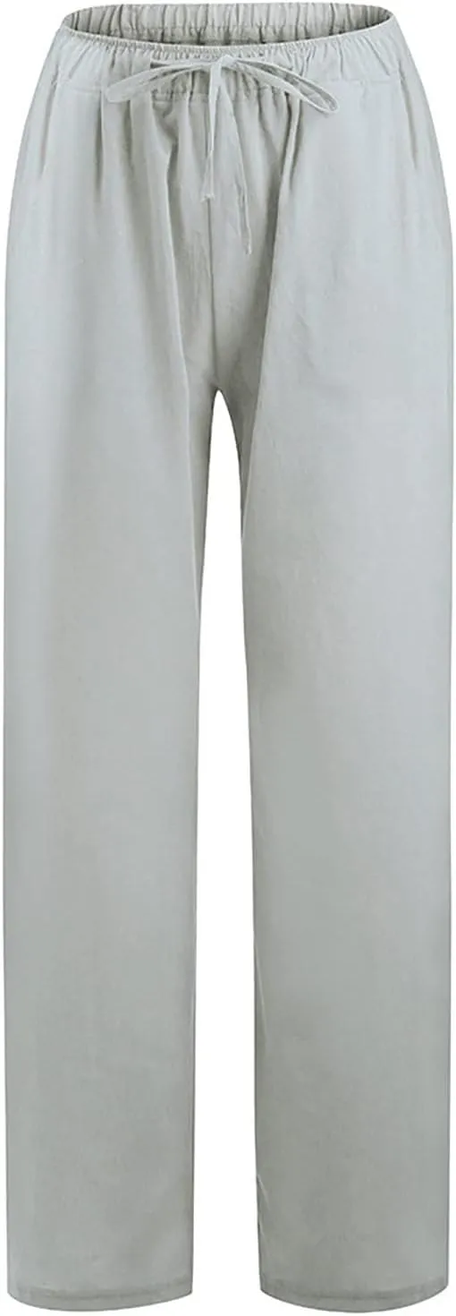SHAOBGE Cotton Linen Pants for Women Summer Wide Leg Casual Loose Drawstring High Waist Palazzo Pants Trousers with Pockets