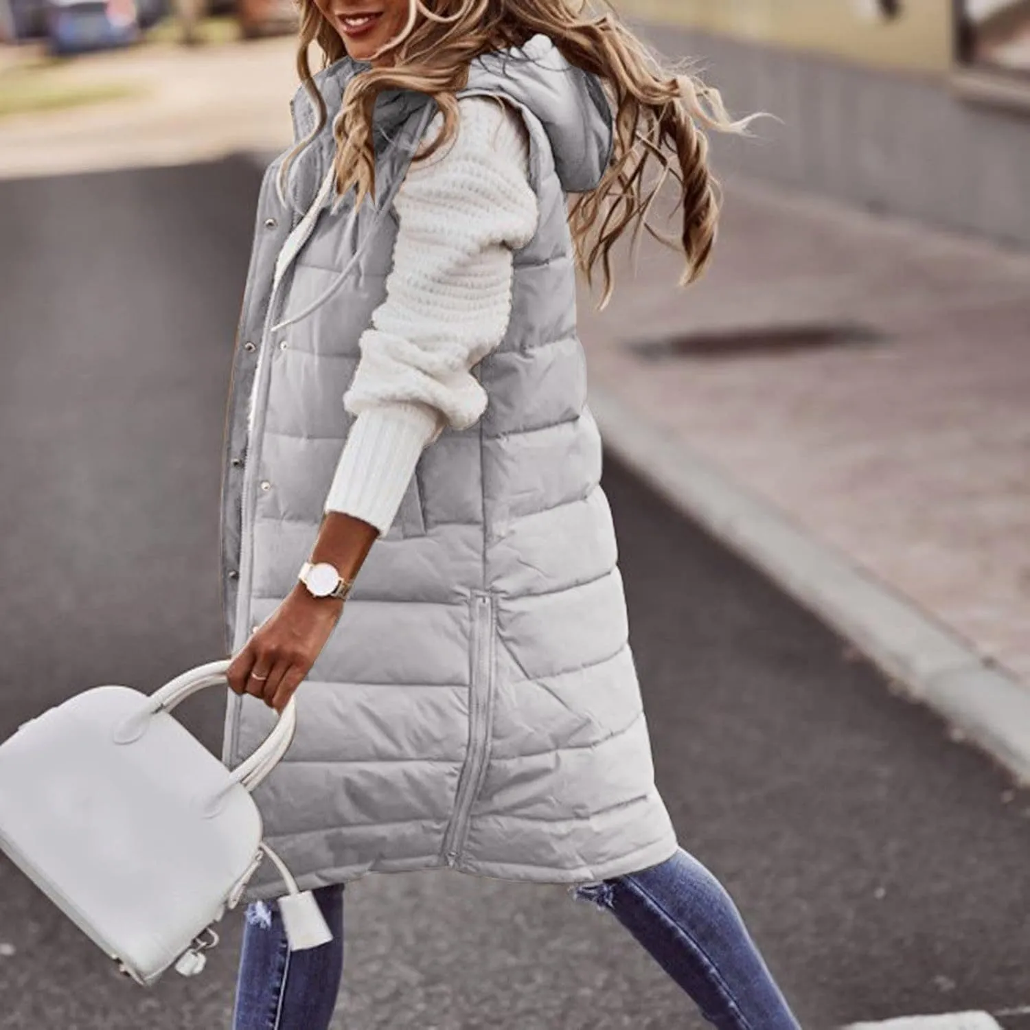SHAOBGE Women's Long Womens Long Winter Coat Vest with Hood Sleeveless Warm Down Loose Coat with Pockets Woman Winter
