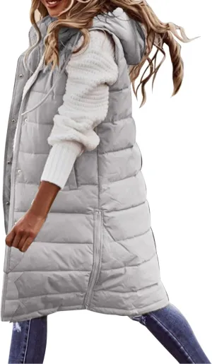 SHAOBGE Women's Long Womens Long Winter Coat Vest with Hood Sleeveless Warm Down Loose Coat with Pockets Woman Winter