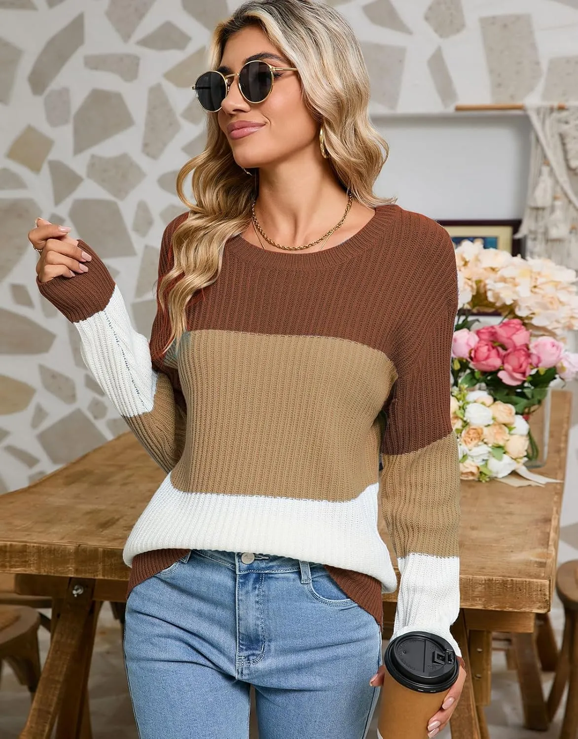 shermie Women's Colorblock Sweaters Long Sleeve Crew Neck Cable Knit Loose Casual Pullover