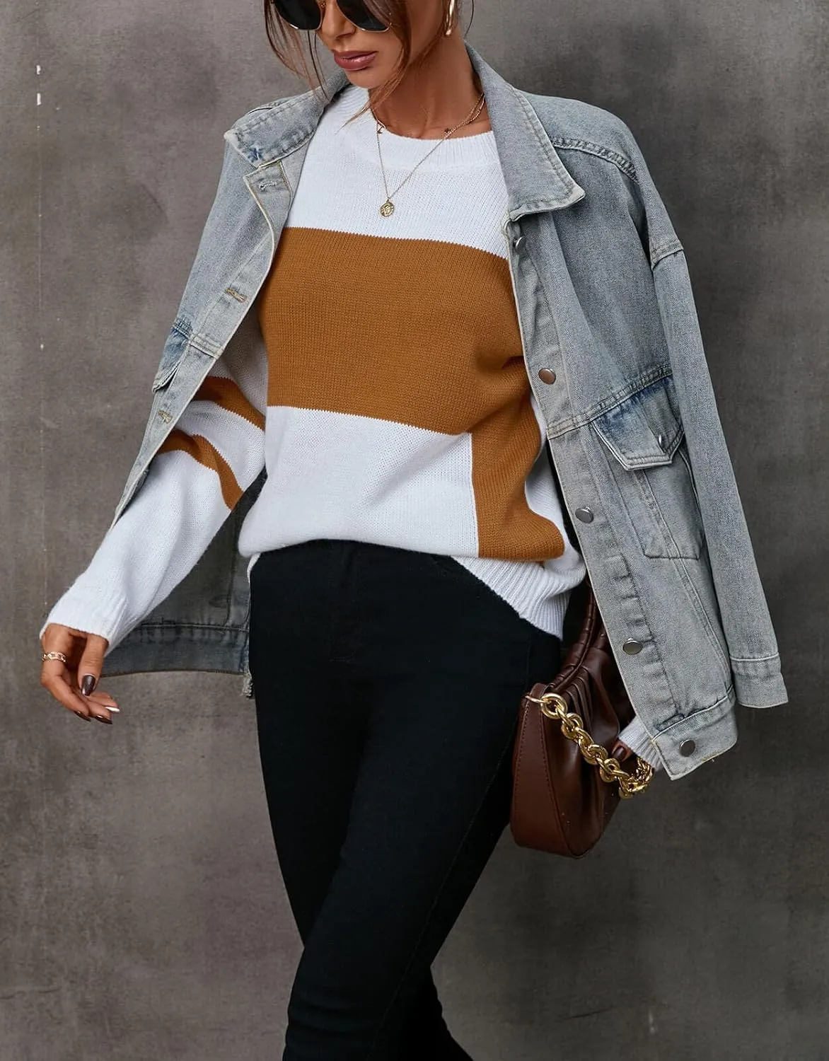 shermie Women's Colorblock Sweaters Long Sleeve Crew Neck Cable Knit Loose Casual Pullover